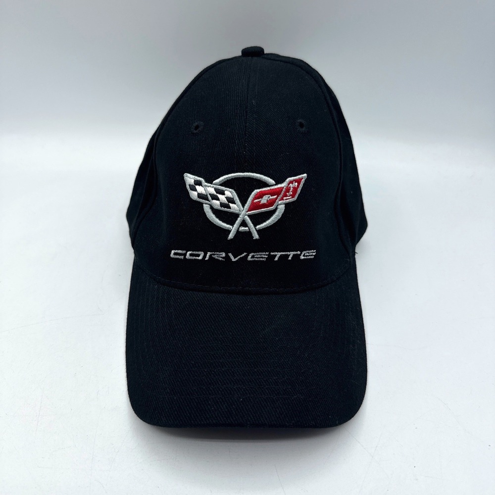 GM Corvette Hat Men OSFM Black Embroidered Logo Adjustable Baseball Cap